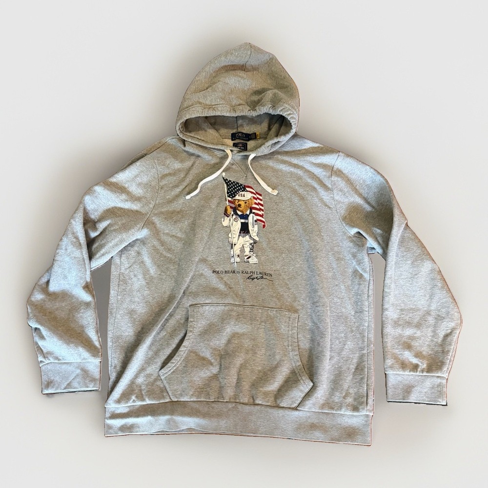 Polo Ralph Lauren Men 2020 Olympic Team USA Polo Bear Hoodie Gray Size XL SPOTS